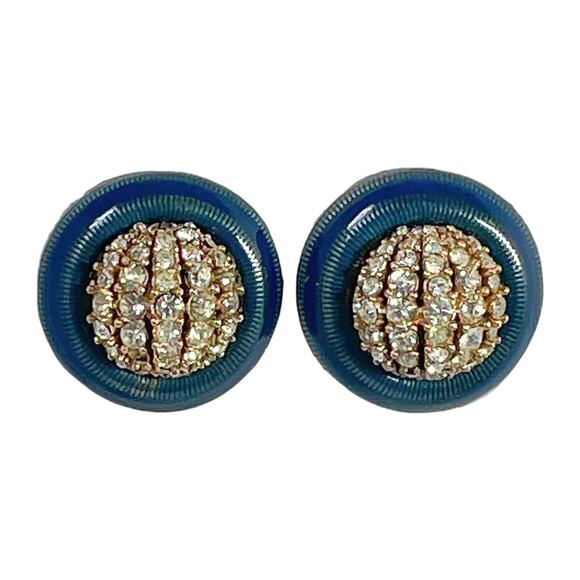 1980s CINER Gold Plate White Rhinestone Teal Enamel Button Style Clip Earrings - Picture 1 of 3